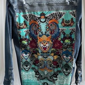 Upcycled Long Denim Jacket Tunic Wearable Art Back Patch Tiger Butterfly | S